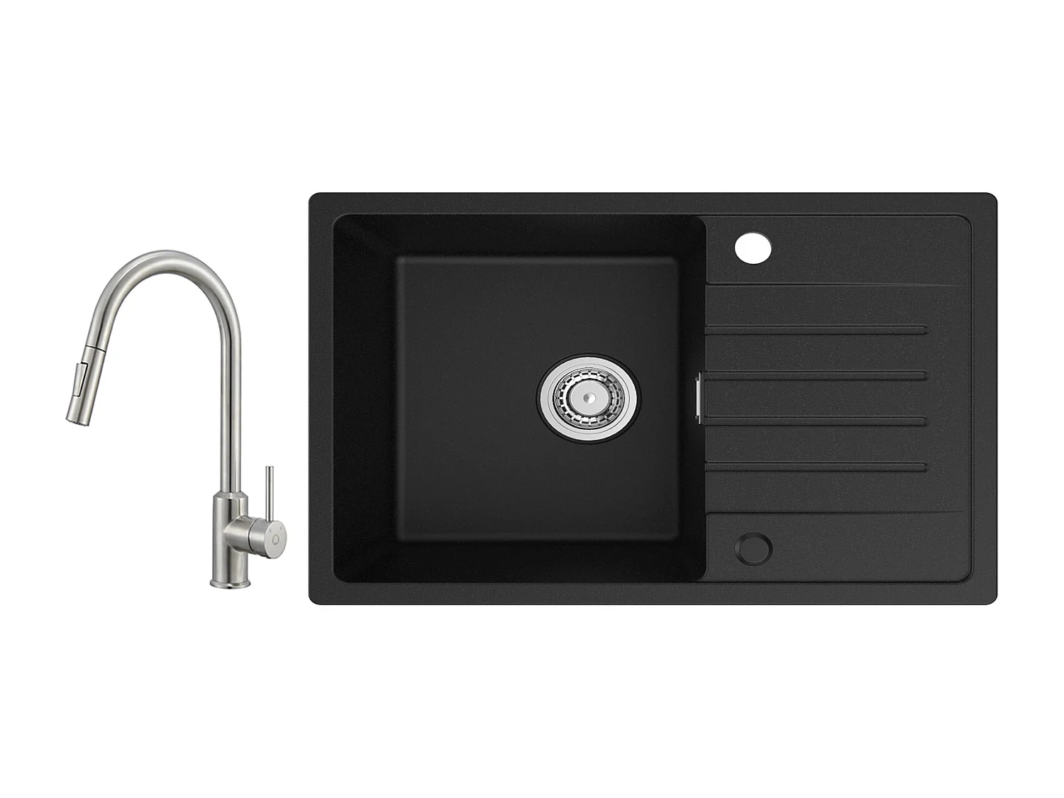 Cecipa max Evier 1 Bac 78x45cm avec Egouttoir Evier à encastrer Quartz et résine Noir + Mitigeur avec Douchette Extractible - 2 Modes de Sortie D'eau