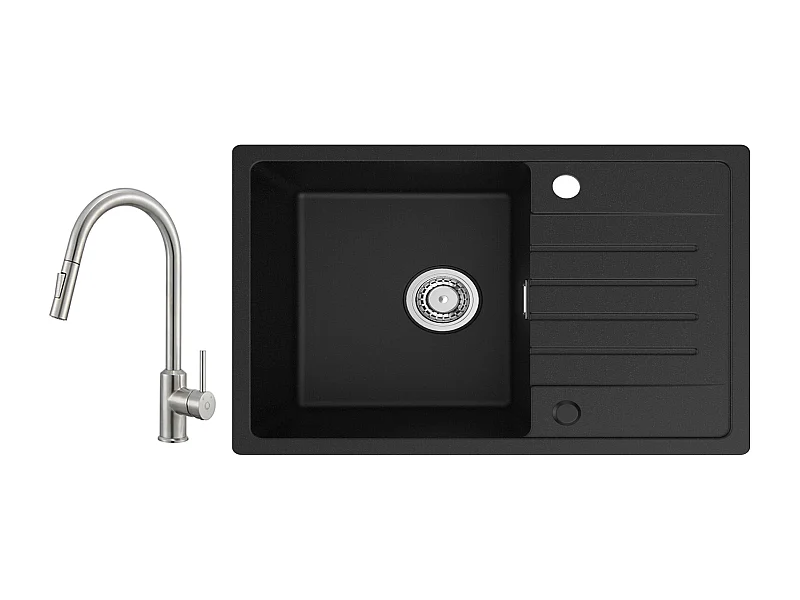 Cecipa max Evier 1 Bac 78x45cm avec Egouttoir Evier à encastrer Quartz et résine Noir + Mitigeur avec Douchette Extractible - 2 Modes de Sortie D'eau