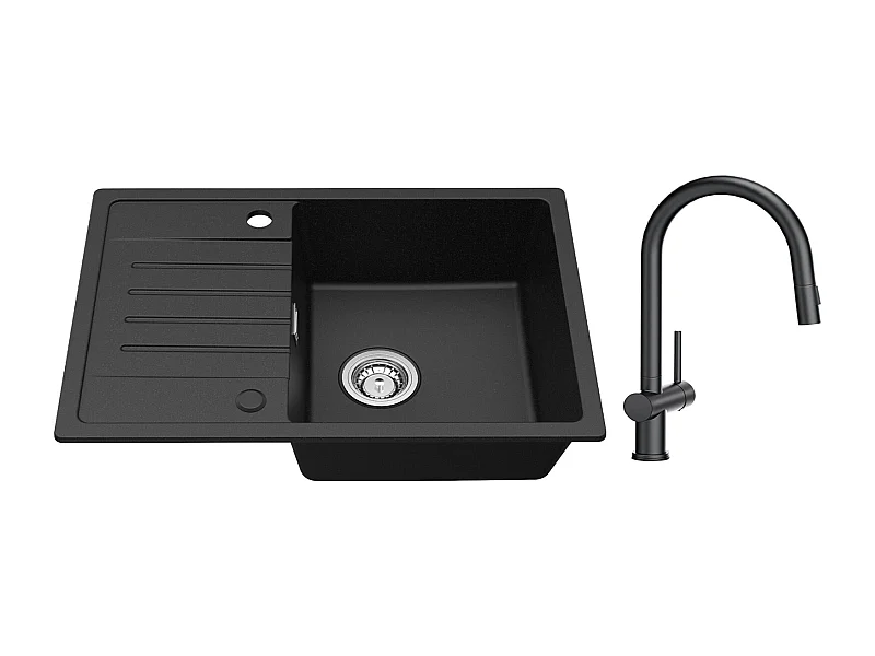 Cecipa max Evier 1 Bac avec Egouttoir Evier à encastrer Quartz et résine Noir 65x45cm + Mitigeur avec Douchette Extractible avec 2 Types de Jet Noir