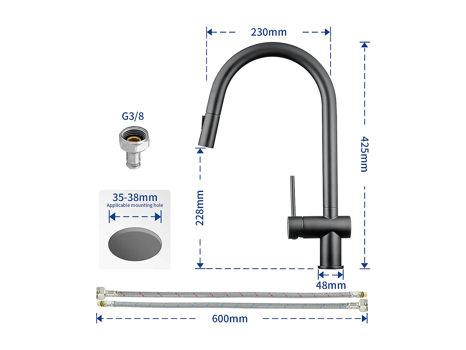 Cecipa max Evier 1 Bac avec Egouttoir Evier à encastrer Quartz et résine Noir 65x45cm + Mitigeur avec Douchette Extractible avec 2 Types de Jet Noir
