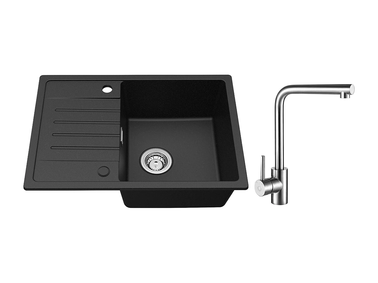 Lavello Incasso Nero 1 Vasca con Gocciolatoio, Quarzo e Resina, 65x45cm + Miscelatore Lavello Girevole 360° Spazzolato