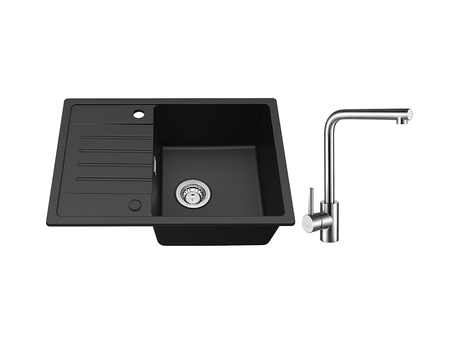 Noir Evier à Encastrer 1 Bac avec Egouttoir, Quartz et Résine, 65x45cm + Mitigeur de Evier Rrotatif à 360 ° Brossé