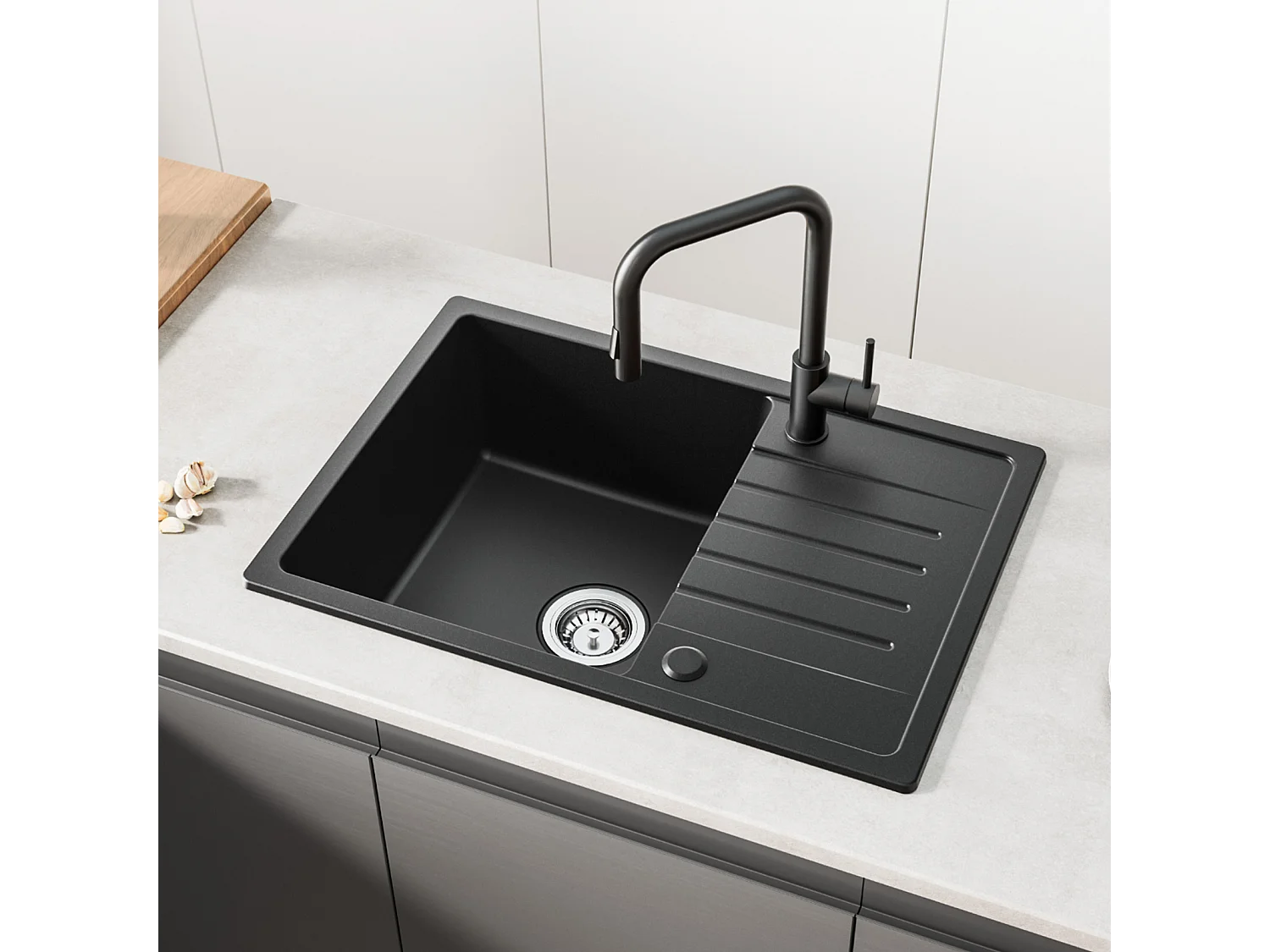 Noir Evier à Encastrer 1 Bac avec Egouttoir, Quartz et Résine, 65x45cm + Mitigeur de Evier Rrotatif à 360 ° Brossé