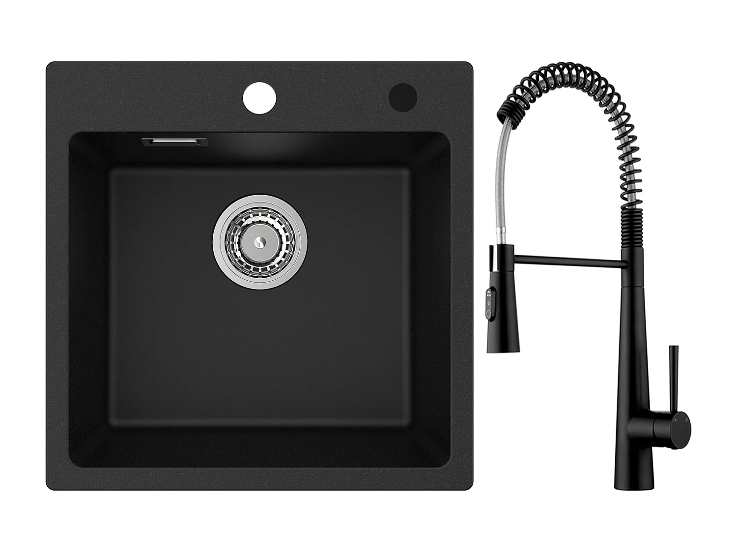 Cecipa max Schwarzes Quarzspülbecken, 45 x 45 cm, Einzelbecken, Quarz- und Kunstharzspüle + Feder-Küchenarmatur mit 3 Wasserauslassmodi, Schwarz