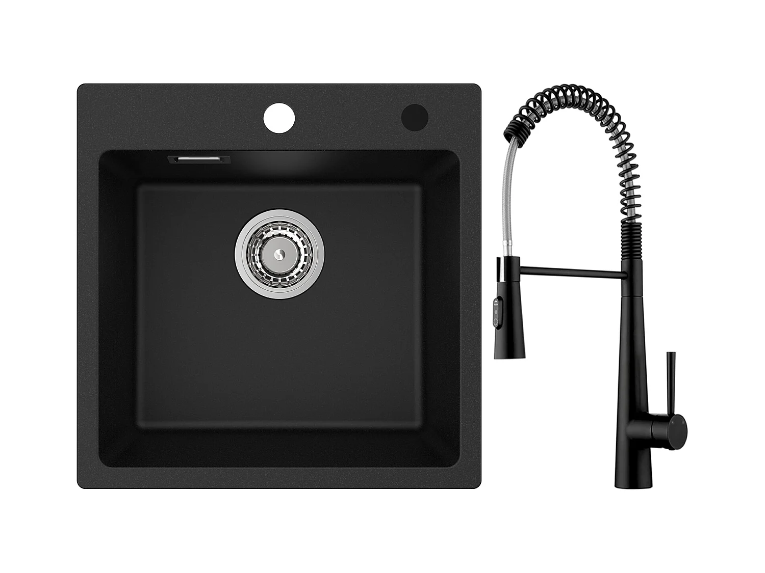 Cecipa max Evier Quartz Noir 45x45 cm Evier 1 Bac en Quartz et Résine + Mitigeur de Cuisine à Ressort avec 3 Modes de Sortie D'eau, Noir