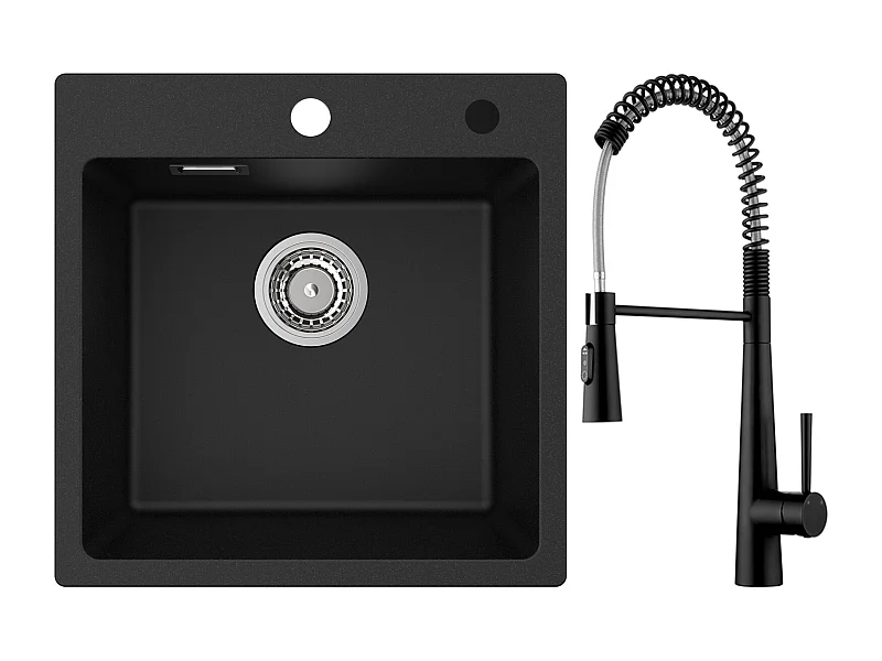 Cecipa max Schwarzes Quarzspülbecken, 45 x 45 cm, Einzelbecken, Quarz- und Kunstharzspüle + Feder-Küchenarmatur mit 3 Wasserauslassmodi, Schwarz