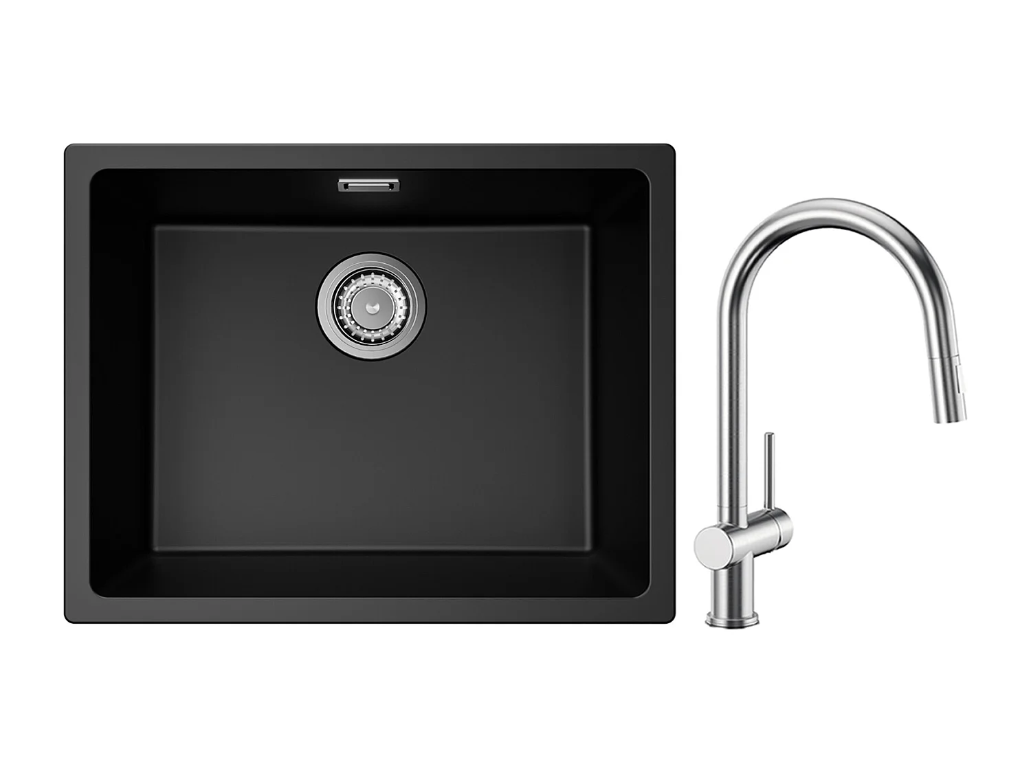 CECIPA MAX Evier 1 Bac en Quartz et Résine Noir Gris 55*44*20cm + Mitigeur de Cuisine avec Douchette Extractible Brossé