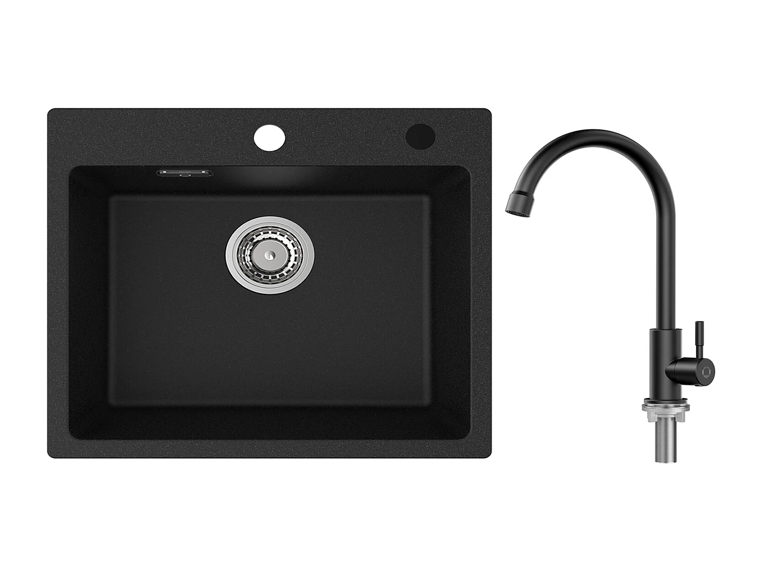 Cecipa MAX Evier 1 Bac 50x45cm Evier en Quartz et Résine Evier à Encastrer + Robinet de Cuisine à eau Froide,Noir