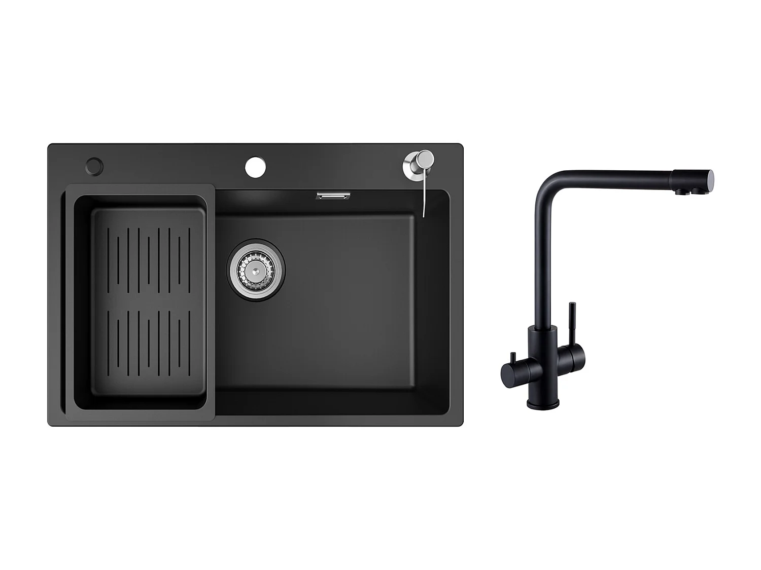 Evier 1 Bac 70x45 cm Noir Evier en Quartz et Résine avec Panier de Vidange et Distributeur de Savon + Mitigeur Evier à 3 Voies, 2 Leviers, Noir