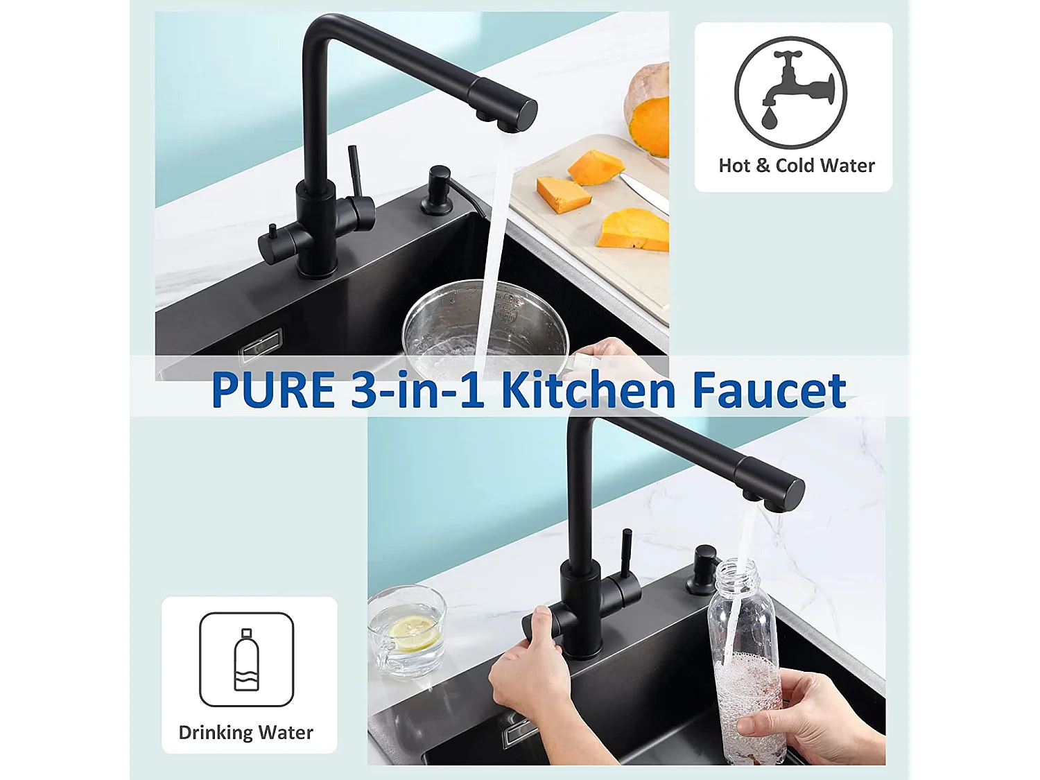 Evier 1 Bac 70x45 cm Noir Evier en Quartz et Résine avec Panier de Vidange et Distributeur de Savon + Mitigeur Evier à 3 Voies, 2 Leviers, Noir