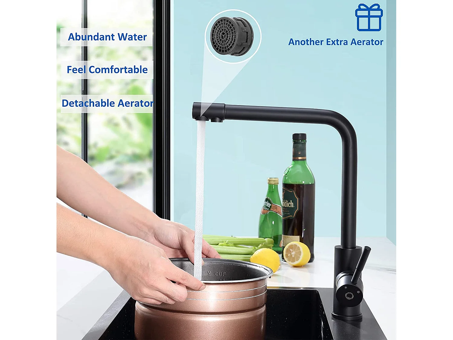 Evier 1 Bac 70x45 cm Noir Evier en Quartz et Résine avec Panier de Vidange et Distributeur de Savon + Mitigeur Evier à 3 Voies, 2 Leviers, Noir