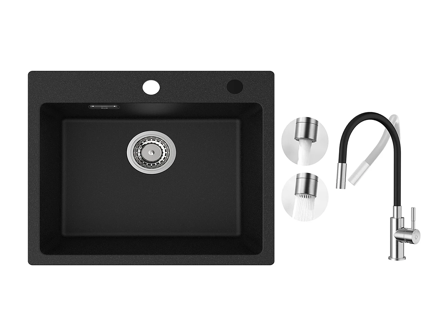 CECIPA MAX Zwarte Kwartsspoelbak 50x45cm 1 Wastafel in Kwarts en Hars + Flexibele Keukenmengkraan, 2 Soorten Sprays Geborsteld Uittrekbare Kraan