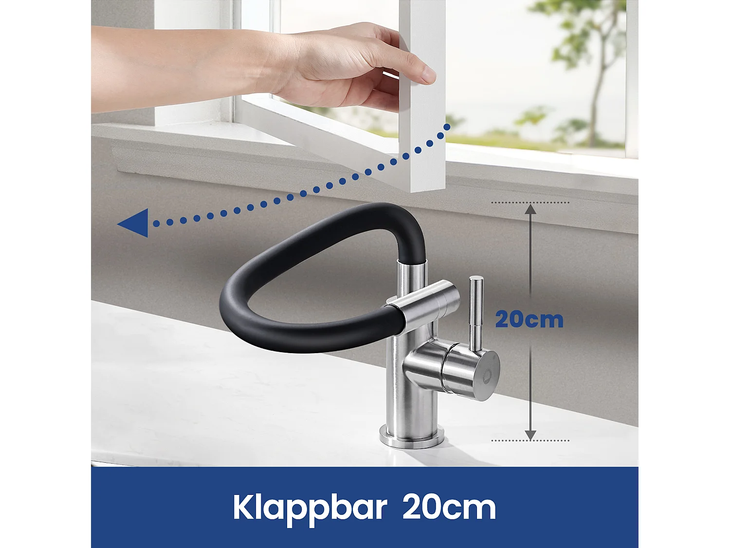 CECIPA MAX Zwarte Kwartsspoelbak 50x45cm 1 Wastafel in Kwarts en Hars + Flexibele Keukenmengkraan, 2 Soorten Sprays Geborsteld Uittrekbare Kraan