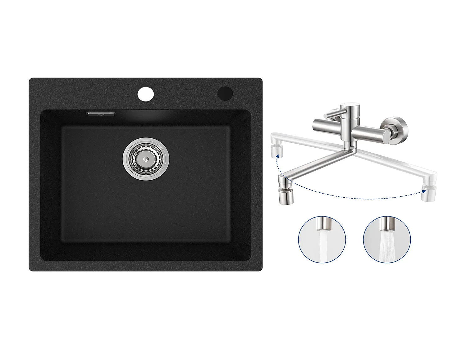 Cecipa MAX Evier 1 Bac 50x45cm Evier en Quartz et Résine Evier à Encastrer + Mitigeur de Cuisine Mural avec 2 Jets Brossé