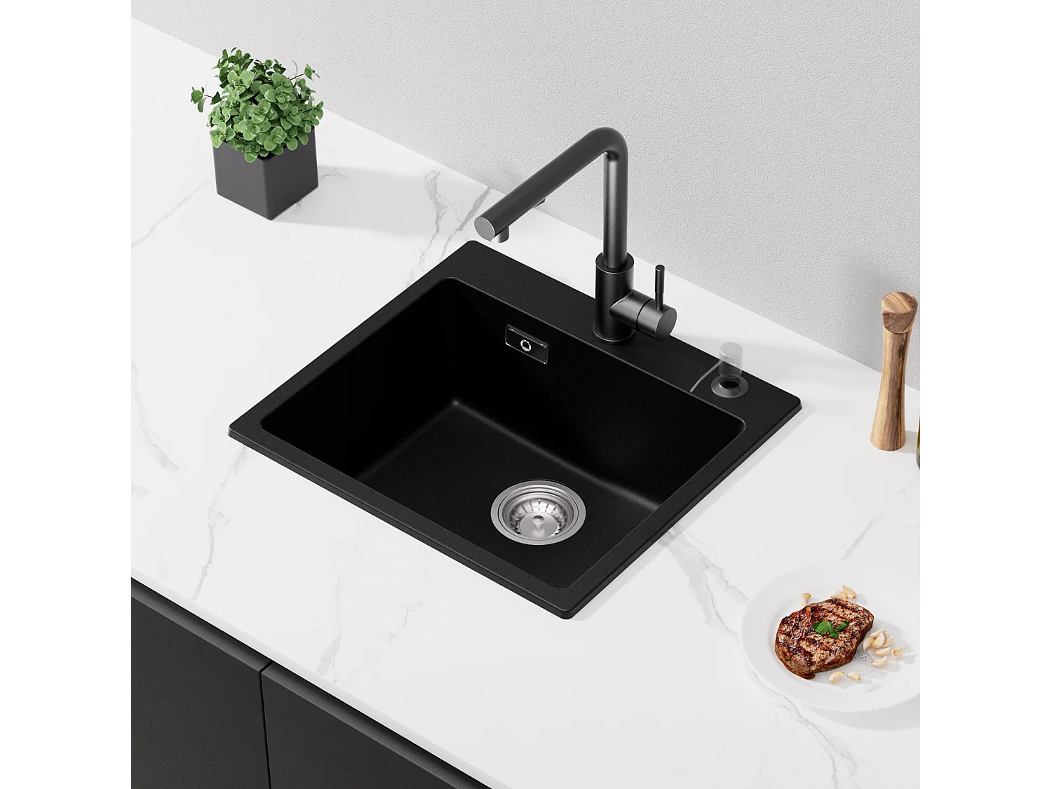 Cecipa MAX Evier 1 Bac 50x45cm Evier en Quartz et Résine Evier à Encastrer + Mitigeur de Cuisine Mural avec 2 Jets Brossé