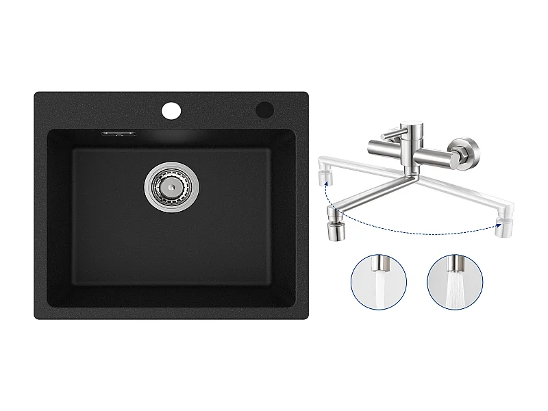 Cecipa MAX Evier 1 Bac 50x45cm Evier en Quartz et Résine Evier à Encastrer + Mitigeur de Cuisine Mural avec 2 Jets Brossé