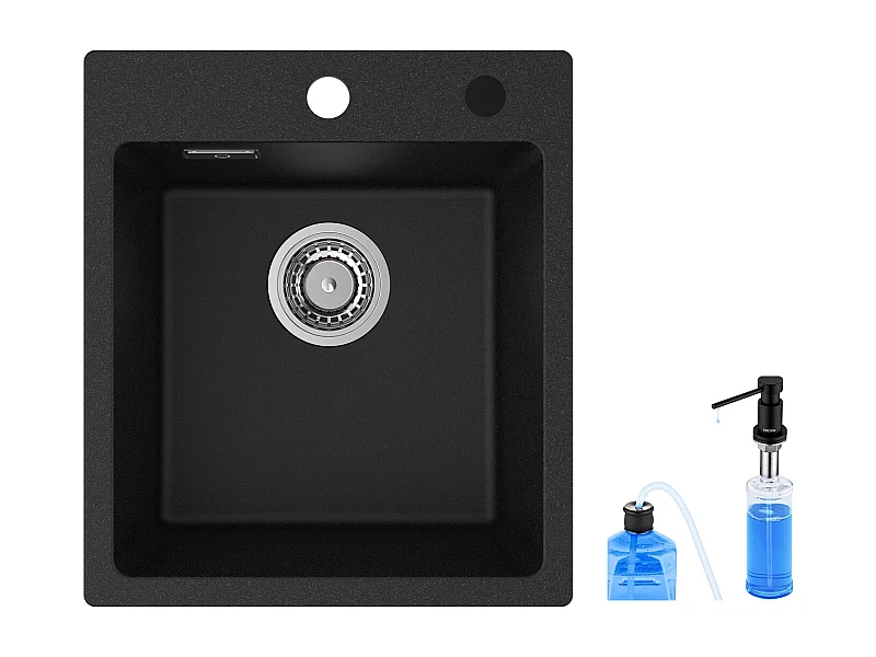 Cecipa max 40 x 45 cm Quarz- und Kunstharz-Küchenspüle + Seifenspender, Einzelbecken-Unterbauspüle, schwarze Einzelbecken-Küchenspüle