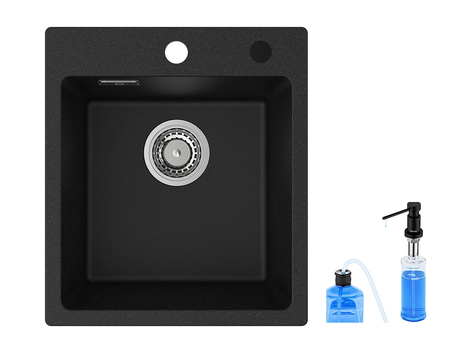 Cecipa max 40x45cm Evier de Cuisine en Quartz et Résine + Distributeur de Savon, Evier 1 Bac à Encastrer Evier de Cuisine 1 cuve Noir
