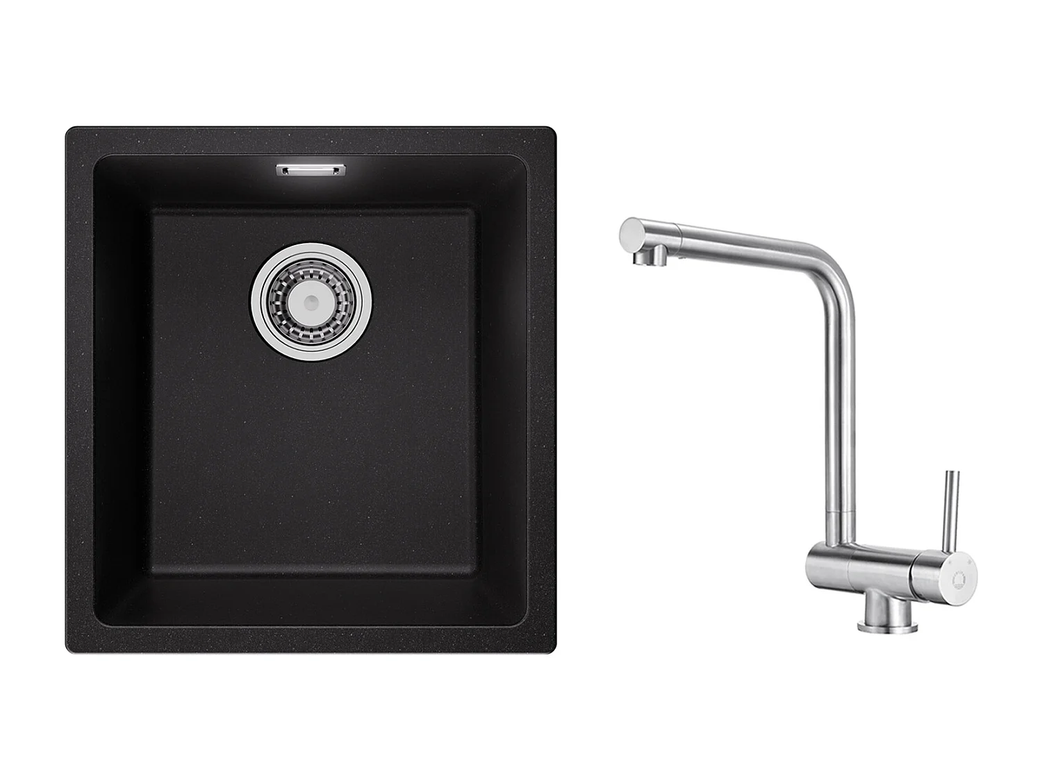 Fregadero de 1 cubeta de cuarzo y resina, 3 opciones de montaje, 40*44*20 cm + Mezclador de cocina plegable cepillado