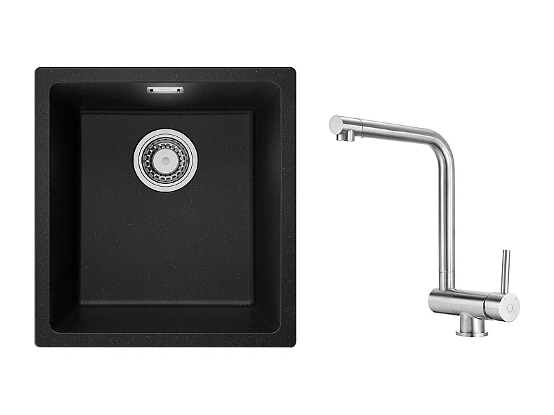 Evier 1 Bac en Quartz et Résine, 3 Options de Montage, 40*44*20cm + Mitigeur de Cuisine Rabattable Brossé