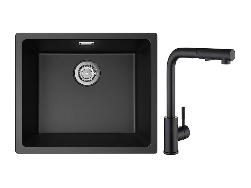 CECIPA MAX Evier 1 Bac en Quartz et Résine Noir Gris 50*44*20cm + Mitigeur de Cuisine avec Douchette Extractible Noir