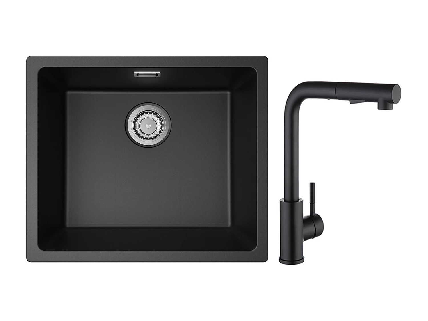 CECIPA MAX Evier 1 Bac en Quartz et Résine Noir Gris 50*44*20cm + Mitigeur de Cuisine avec Douchette Extractible Noir