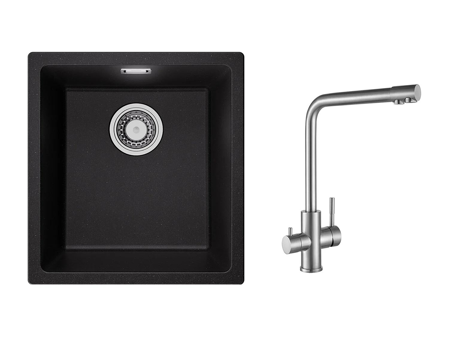 Fregadero de 1 Lavabo en Cuarzo y Resina, 3 Opciones de Montaje, 40*44*20cm + Mezclador de Cocina para Sistema de Ósmosis