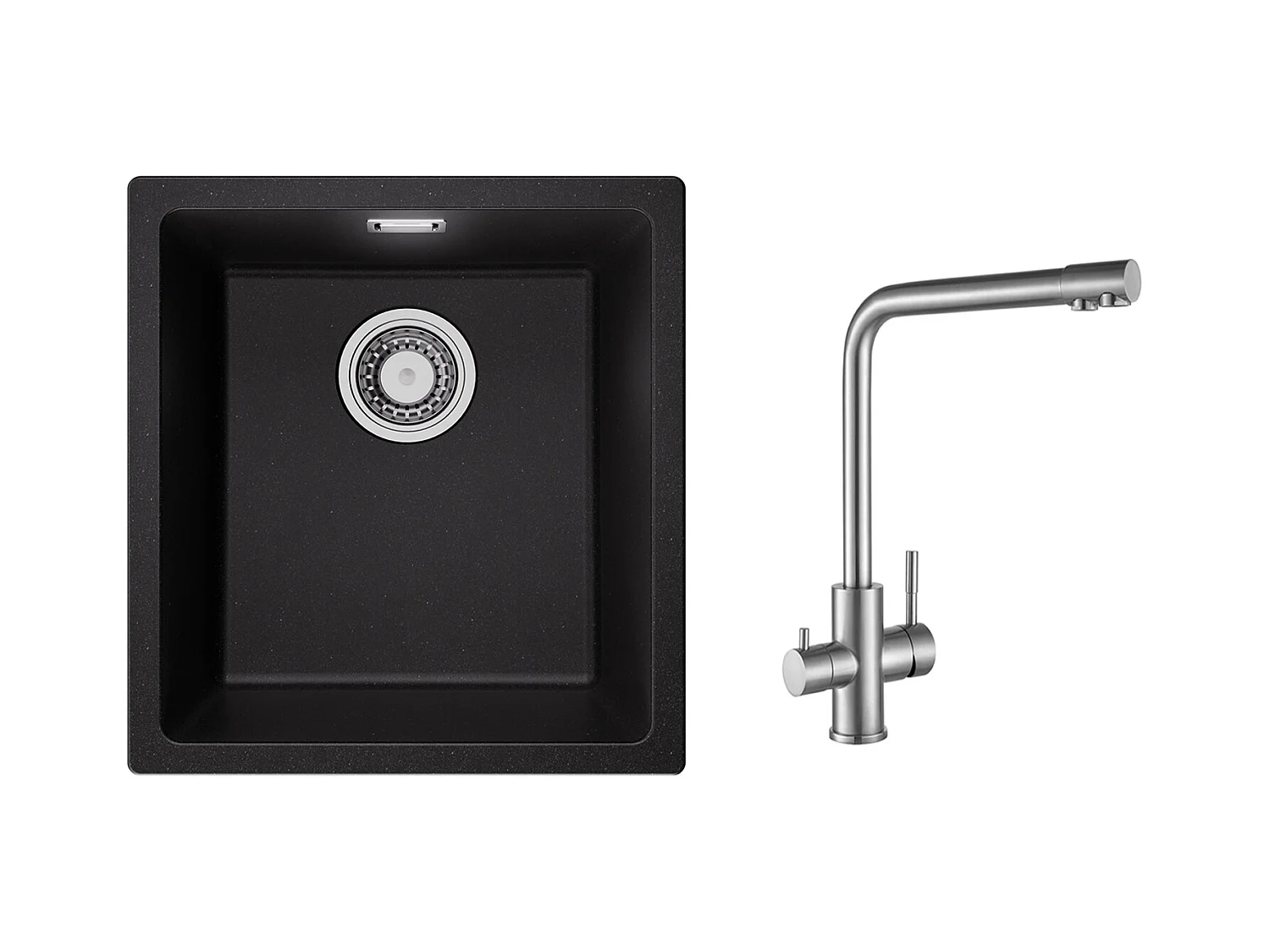 Evier 1 Bac en Quartz et Résine, 3 Options de Montage, 40*44*20cm + Mitigeur Cuisine pour Sstème D'osmose