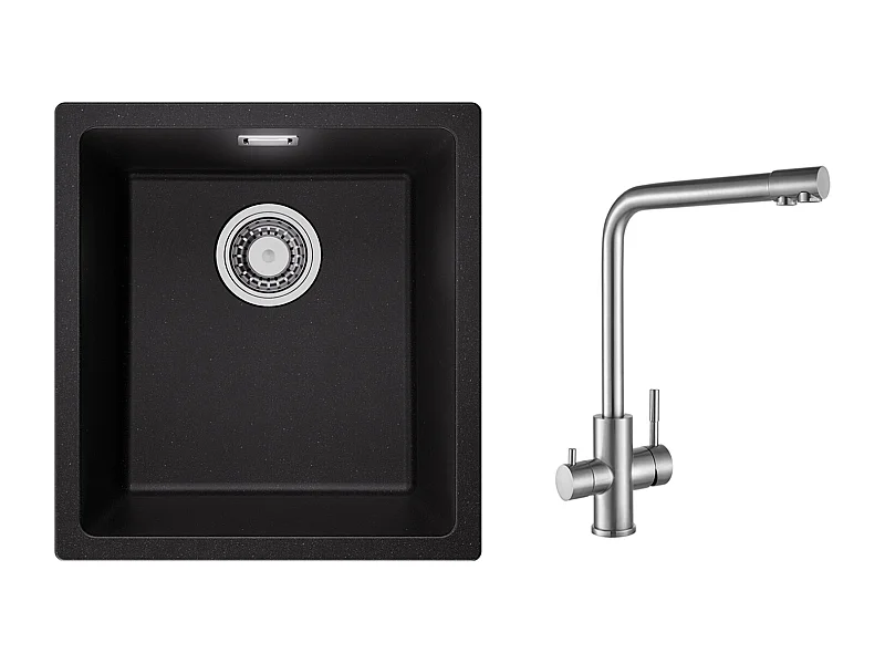 Lavello 1 Vasca in Quarzo e Resina, 3 Opzioni di Montaggio, 40*44*20cm + Miscelatore Cucina per Sistema ad Osmosi