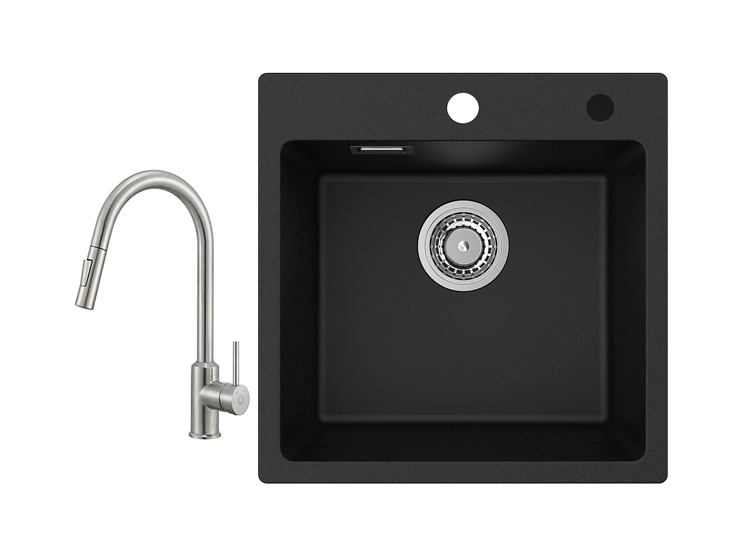 Lavello Cecipa max 45x45 cm in Quarzo Nero Lavello ad una vasca in Quarzo e Resina Lavello Cucina + Miscelatore con doccetta Estraibile - 2 Modalità di Uscita Acqua
