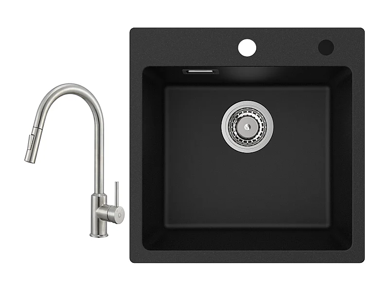 Cecipa max 45x45cm Evier Quartz Noir Evier 1 Bac en Quartz et Résine Evier de Cuisine + Mitigeur avec Douchette Extractible - 2 Modes de Sortie D'eau