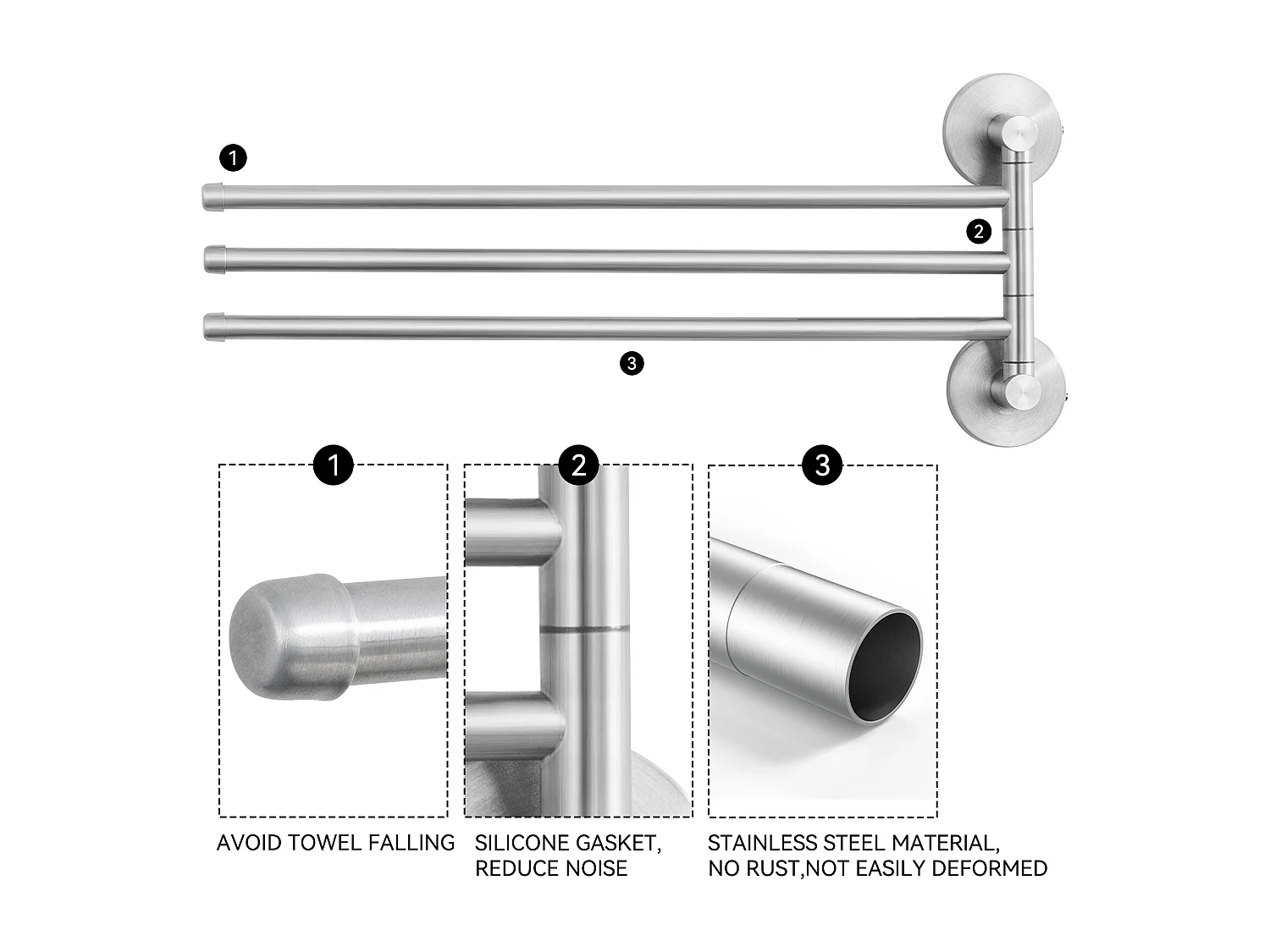 2pcsAuralum max Porta asciugamani con 3 barre rotative a 180°,Inox 304 Porta asciugamani a parete Asciuga asciugamani per bagno cucina-spolato(40CM)