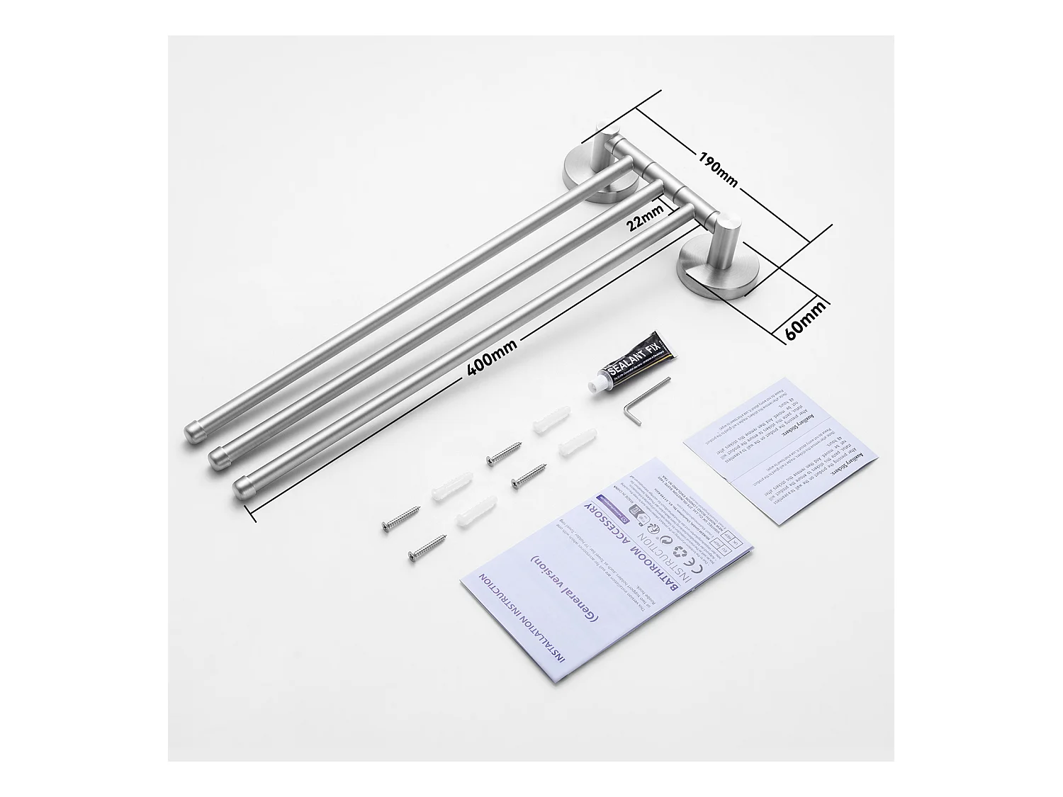 2pcsAuralum max Porta asciugamani con 3 barre rotative a 180°,Inox 304 Porta asciugamani a parete Asciuga asciugamani per bagno cucina-spolato(40CM)