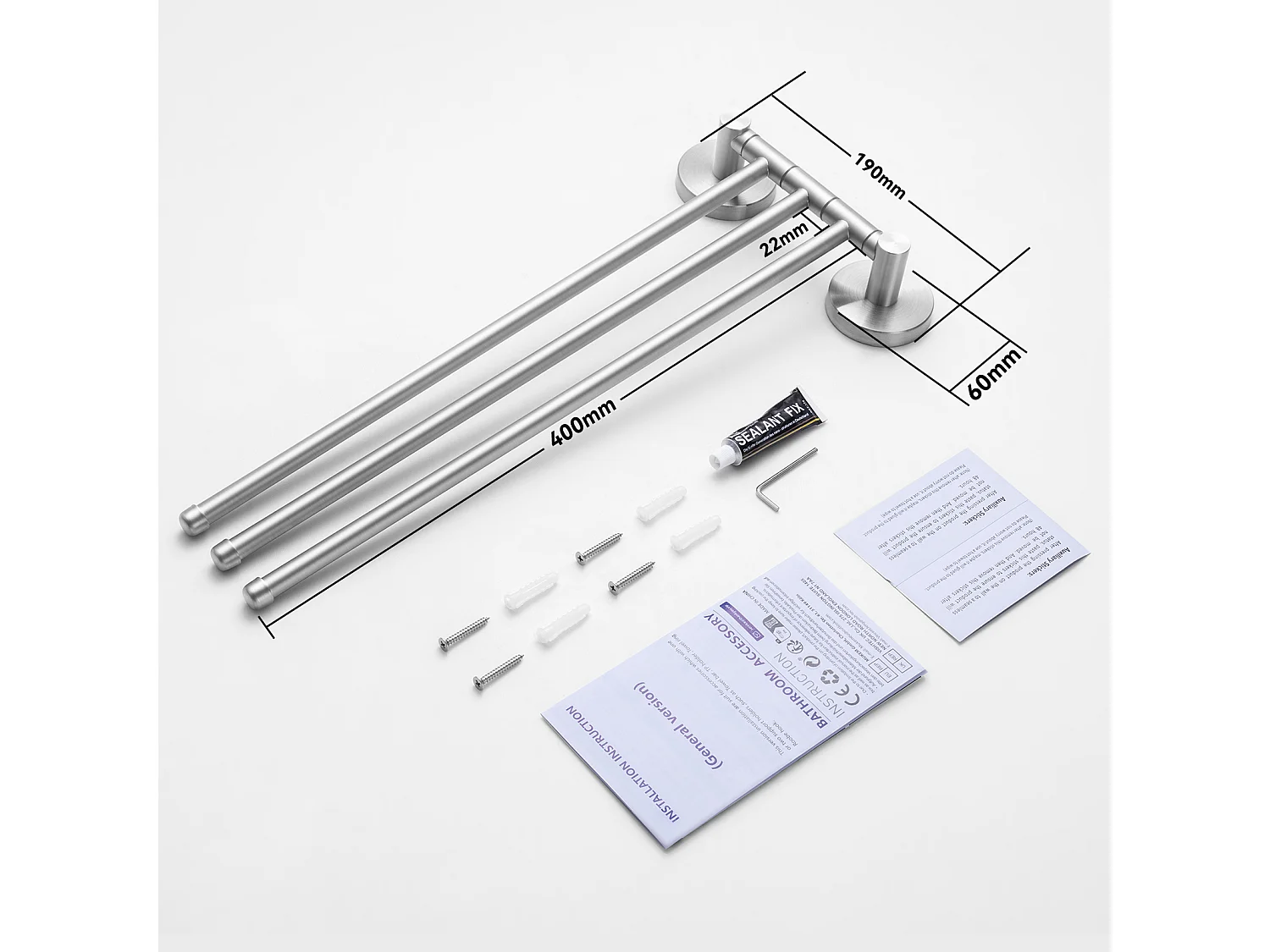 2pcsAuralum max Porte-Serviettes avec 3 Barres 180°Rotatives,Inox 304 Porte Serviette Murale Sèche-Serviettes pour Salle de Bain Cuisine-Brossé(40CM)
