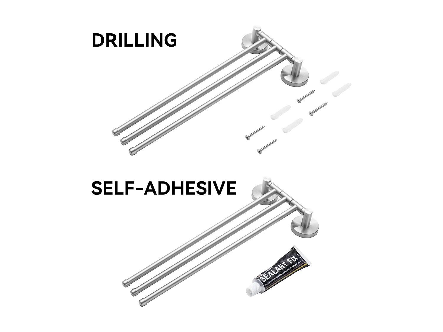 2pcsAuralum max Porte-Serviettes avec 3 Barres 180°Rotatives,Inox 304 Porte Serviette Murale Sèche-Serviettes pour Salle de Bain Cuisine-Brossé(40CM)