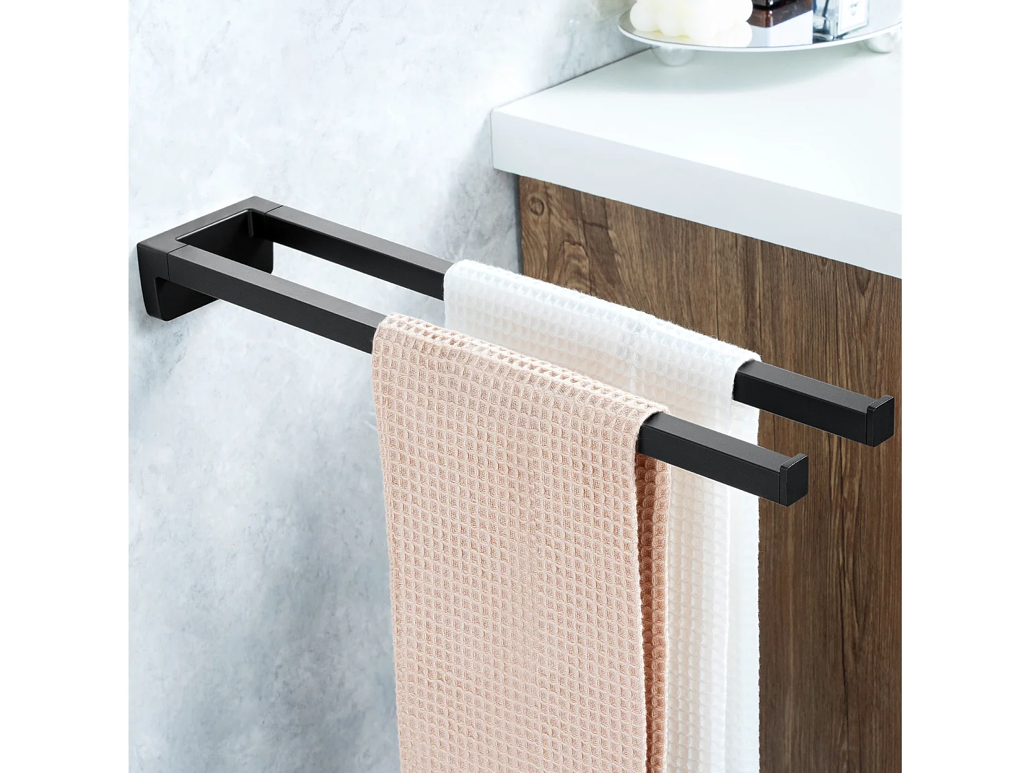 Porte-Serviettes à Deux Bras,Porte-Serviettes Double pour Salle Bains /Cuisine,Support Mural pour Serviettes, Auto-adhésif ou Perçage,42cm,Noir