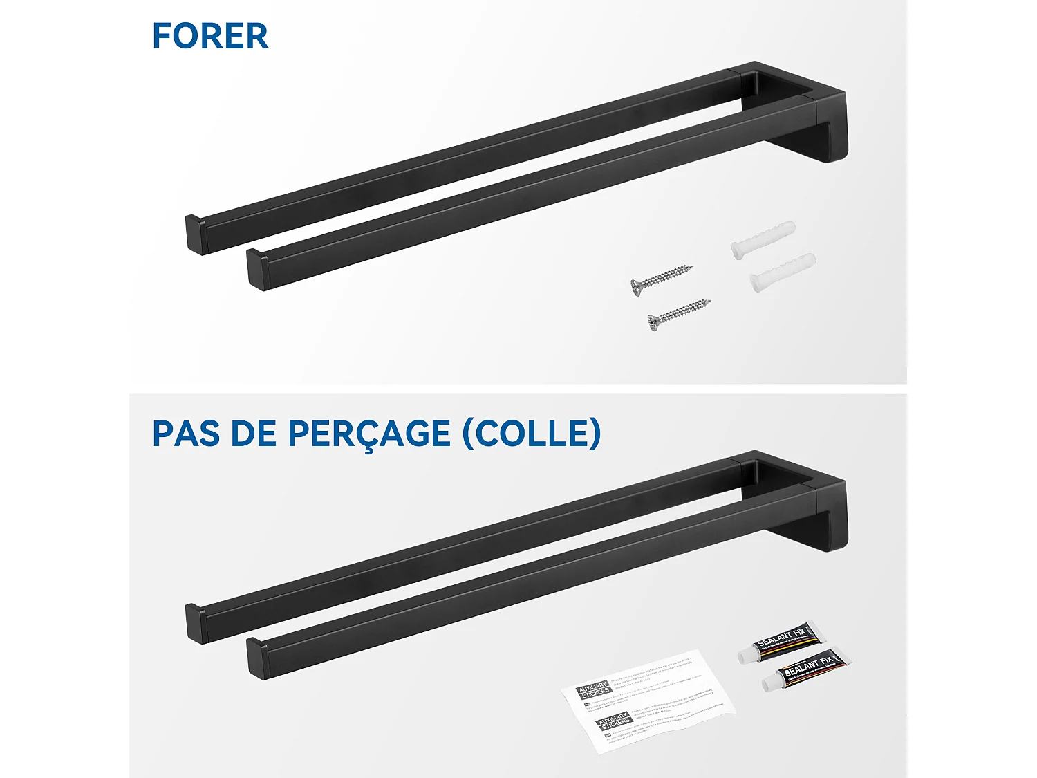 Porte-Serviettes à Deux Bras,Porte-Serviettes Double pour Salle Bains /Cuisine,Support Mural pour Serviettes, Auto-adhésif ou Perçage,42cm,Noir