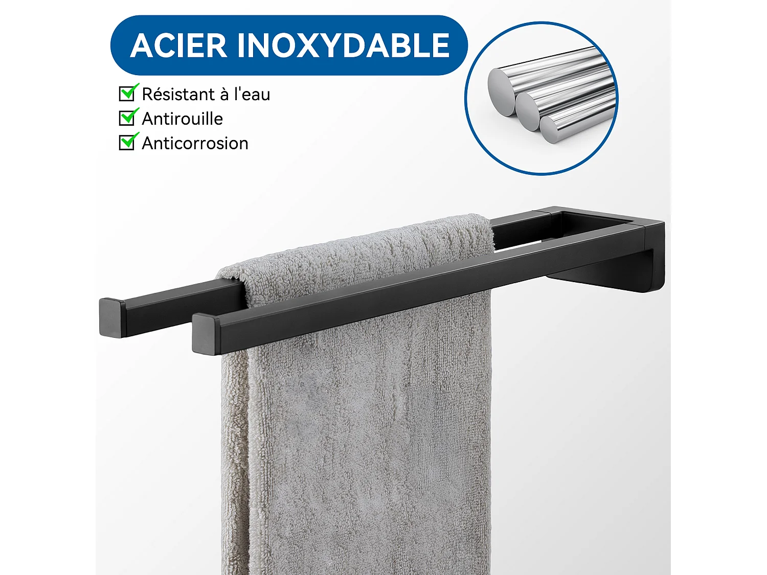 Porte-Serviettes à Deux Bras,Porte-Serviettes Double pour Salle Bains /Cuisine,Support Mural pour Serviettes, Auto-adhésif ou Perçage,42cm,Noir