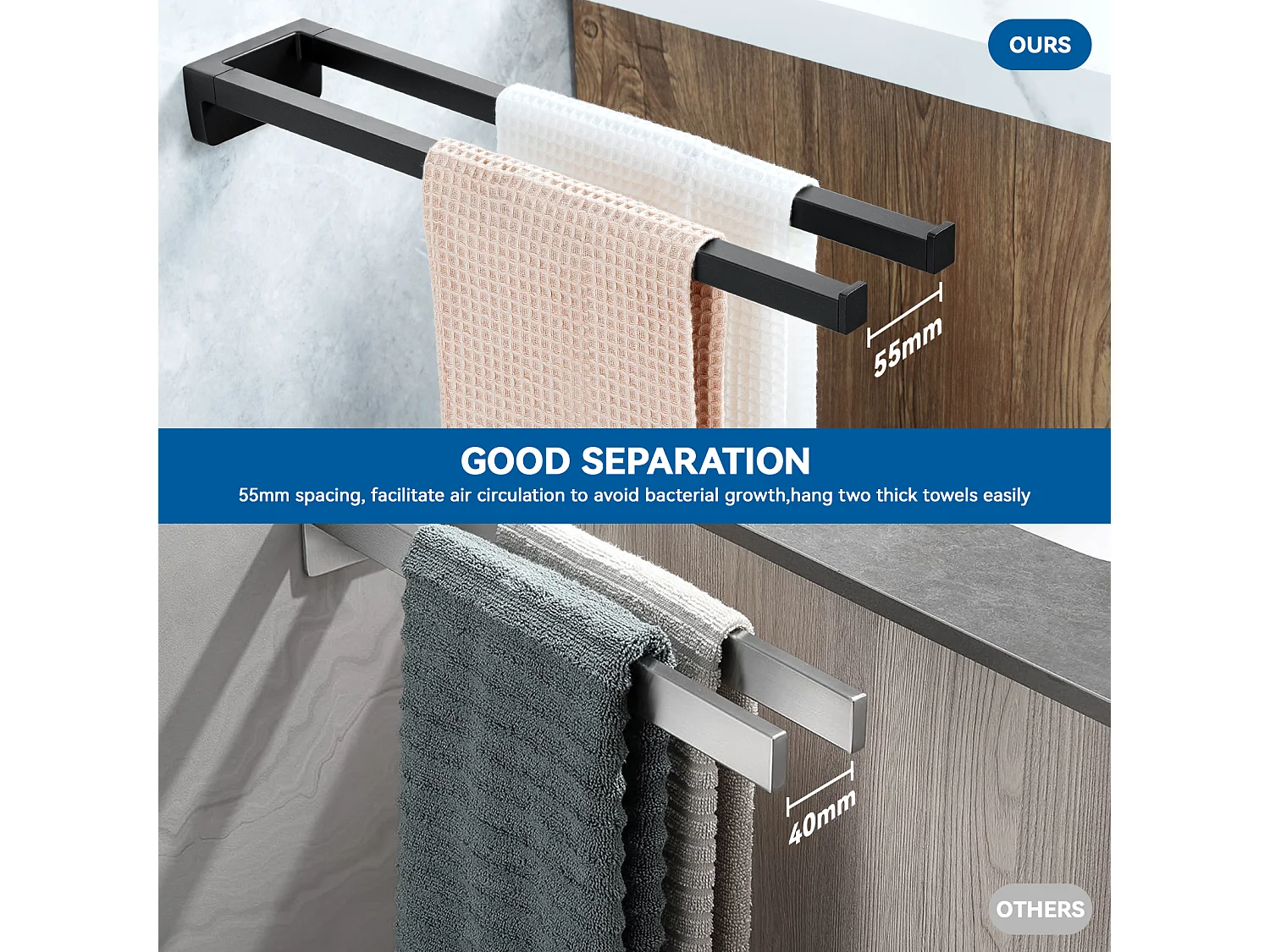 Porte-Serviettes à Deux Bras,Porte-Serviettes Double pour Salle Bains /Cuisine,Support Mural pour Serviettes, Auto-adhésif ou Perçage,42cm,Noir