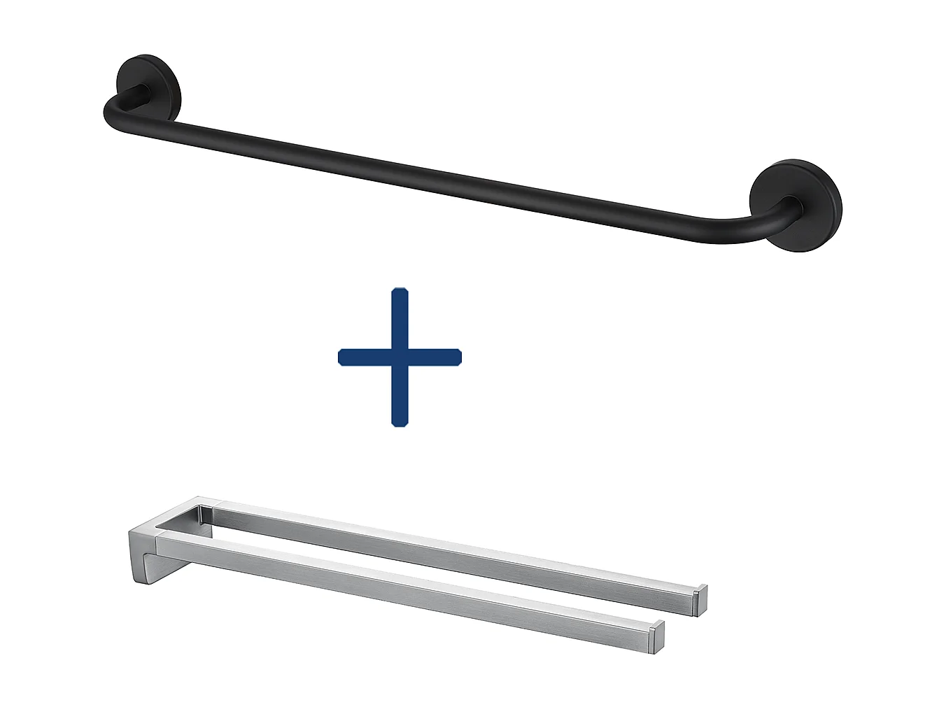 Porta asciugamani bagno Auralum MAX 60 cm,autoadesivo/perforato,2 pezzi,inossidabile 304, nero+porta asciugamani a due bracci, 42 cm,spazzolato