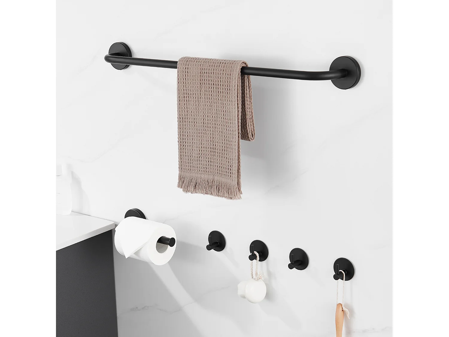 Auralum Max Accesorios de Baño, Acero Inoxidable, Negro,Toallero de Pared (1 Pieza), Portarrollos de Papel Higiénico (1 Pieza), Gancho, (4 Piezas)