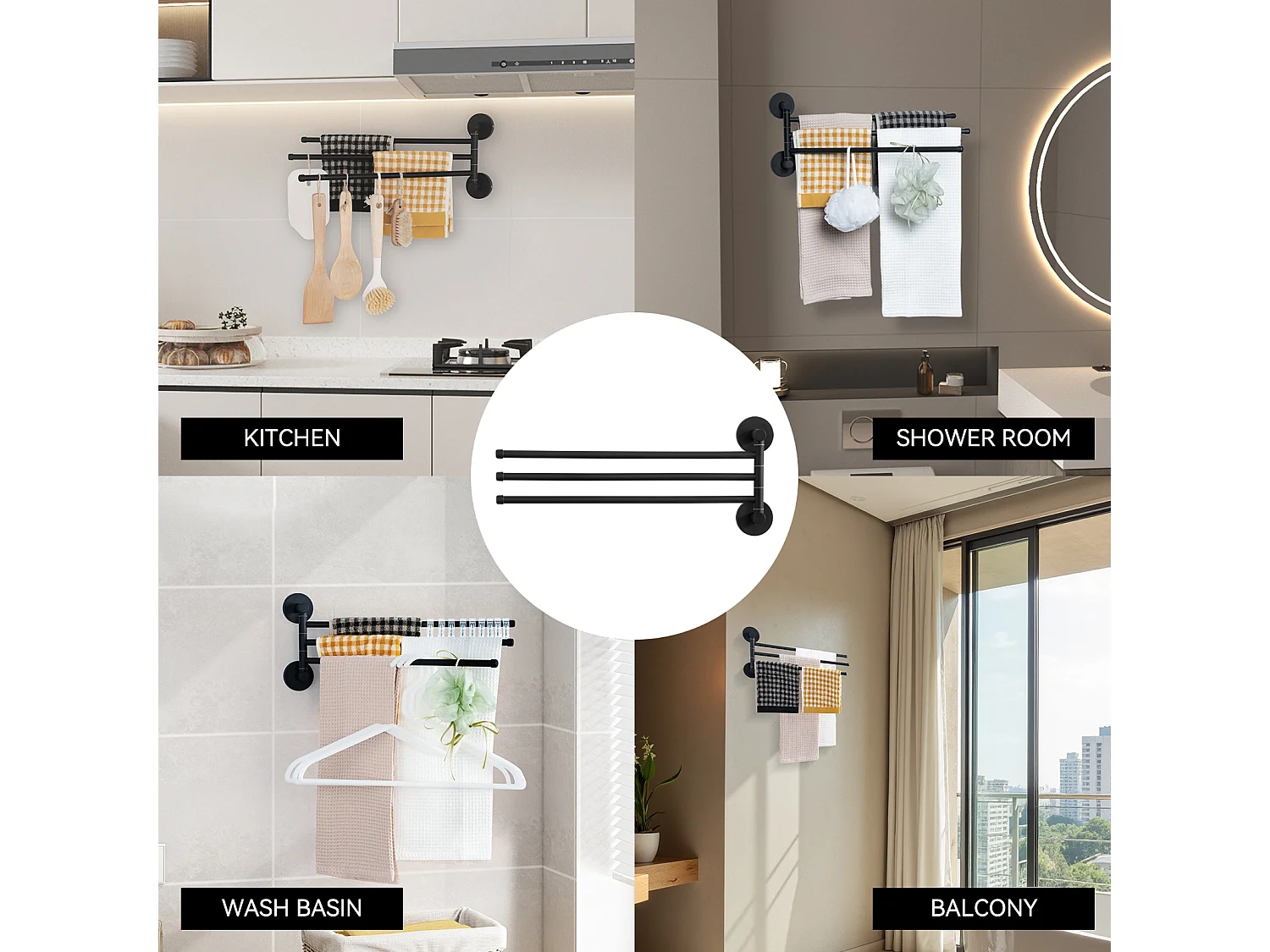 2 stuks Auralum max handdoekhouder met 3 180° draaibare stangen, roestvrij staal 304 wand handdoekhouder handdoekdroger voor badkamer keuken-zwart(40CM)