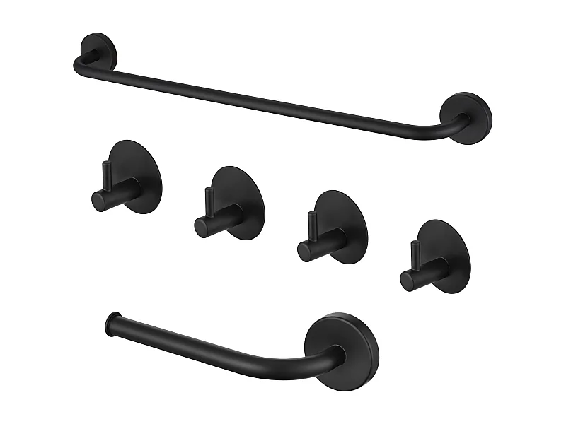 Auralum Max Set de Accesorios Baño 6 Piezas,Autoadhesivo o Taladro, Toallero,Portarrollos de Papel Higiénico,Gancho Pared,Acero Inoxidable,Negro Mate