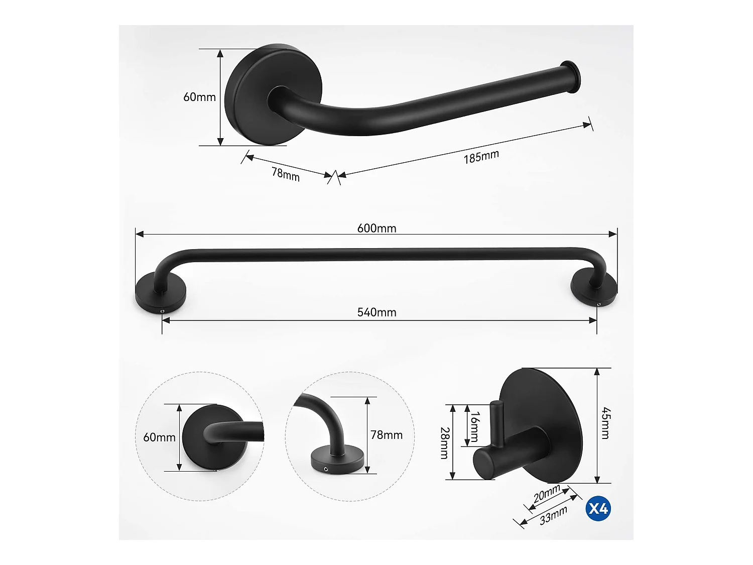 Auralum Max Set de Accesorios Baño 6 Piezas,Autoadhesivo o Taladro, Toallero,Portarrollos de Papel Higiénico,Gancho Pared,Acero Inoxidable,Negro Mate