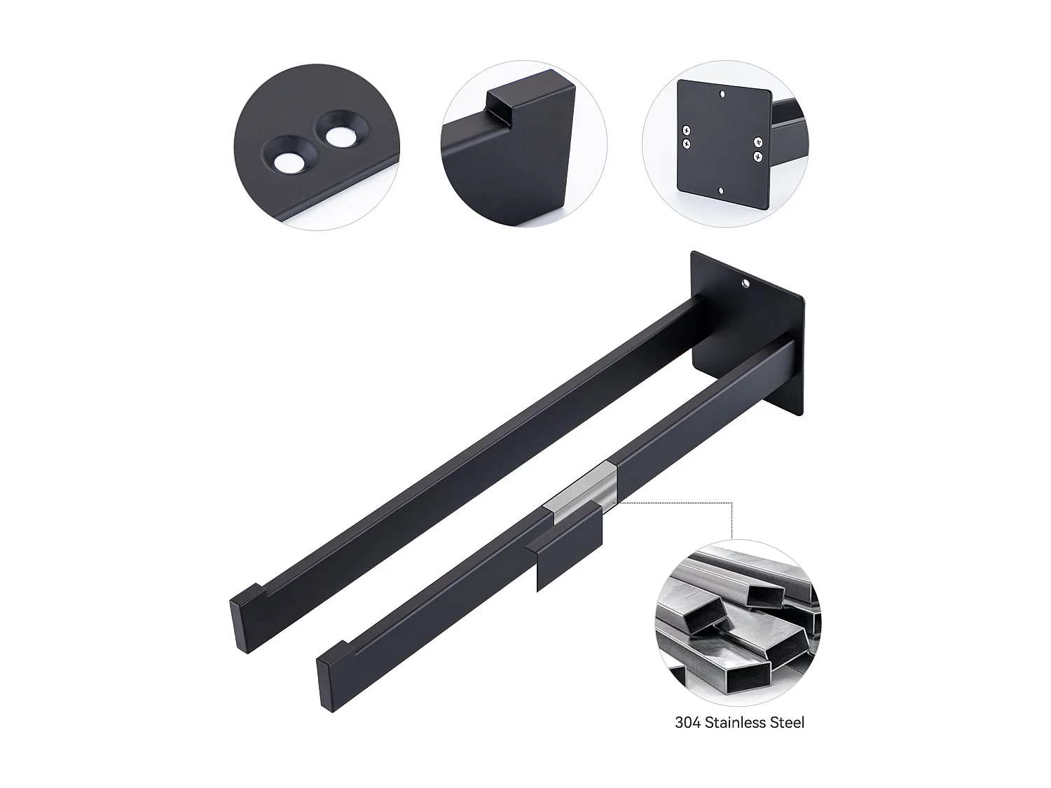 2PCS Portasciugamani Bagno, Barre Porta Asciugamani da Parete di 40cm, Nero+60cm Portasciugamani Bagno, Autoadesivo o Foratura in Acciaio Inox 304