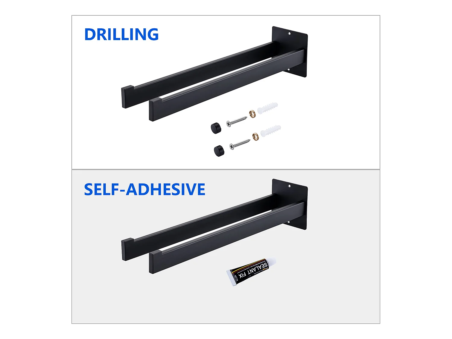 2PCS Porte Serviette Salle Bain,Barres Porte Serviettes Mural de 40cm,Noir+60cm Porte-Serviettes Salle Bain,Auto-adhésif ou Perçage en Inox 304