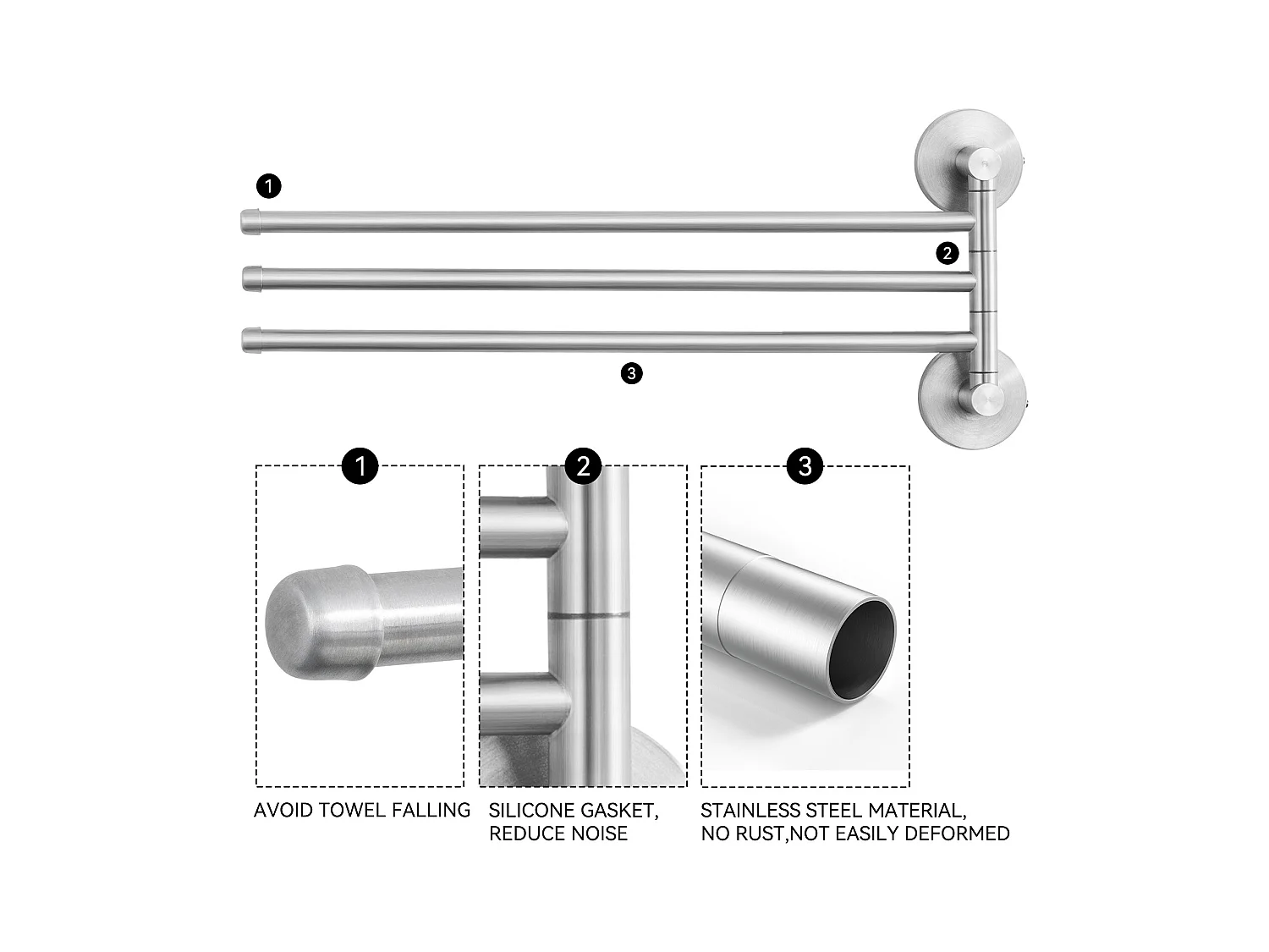 Auralum max Porte-Serviettes avec 3 Barres 180°Rotatives,Inox 304 Porte Serviette Murale Sèche-Serviettes pour Salle de Bain Cuisine-Brossé(40CM)