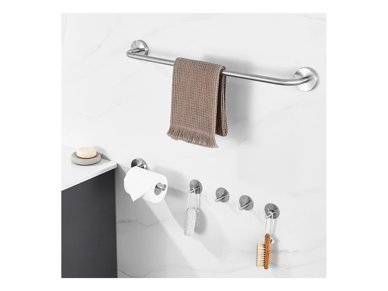 AuralumMax Accessoires Salle Bain,Acier Inoxydable,Brossé,Porte Serviette Mural(1 Pièce),Porte-rouleau de Papier Toilette(1 Pièce),Crochet,(4 Pièce)