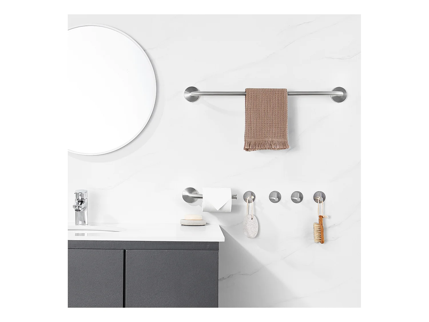 AuralumMax Badezimmer-Zubehör, Edelstahl, gebürstet, Handtuchhalter zur Wandmontage (1 Stück), Toilettenpapierrollenhalter (1 Stück), Haken (4 Stück)