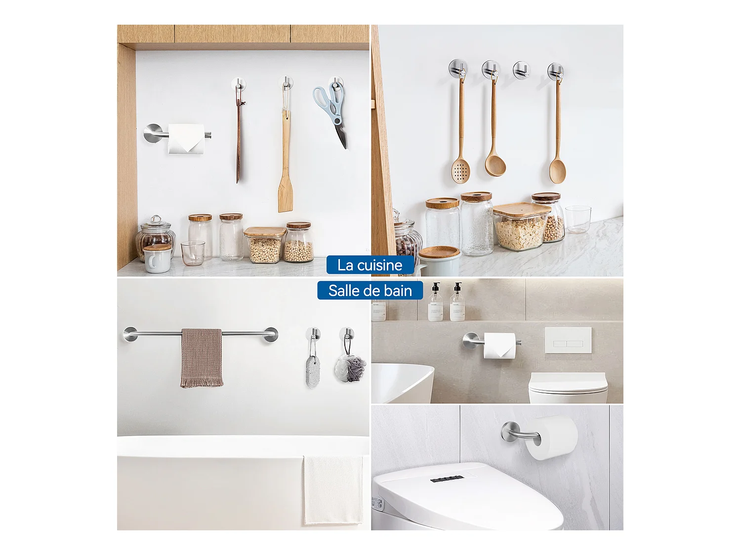 AuralumMax Badezimmer-Zubehör, Edelstahl, gebürstet, Handtuchhalter zur Wandmontage (1 Stück), Toilettenpapierrollenhalter (1 Stück), Haken (4 Stück)